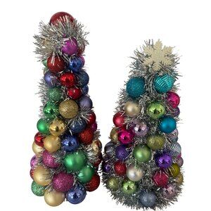 Christmas Ornament Cone Trees With Glitter & Tinsel Decorations 12 & 10 inch